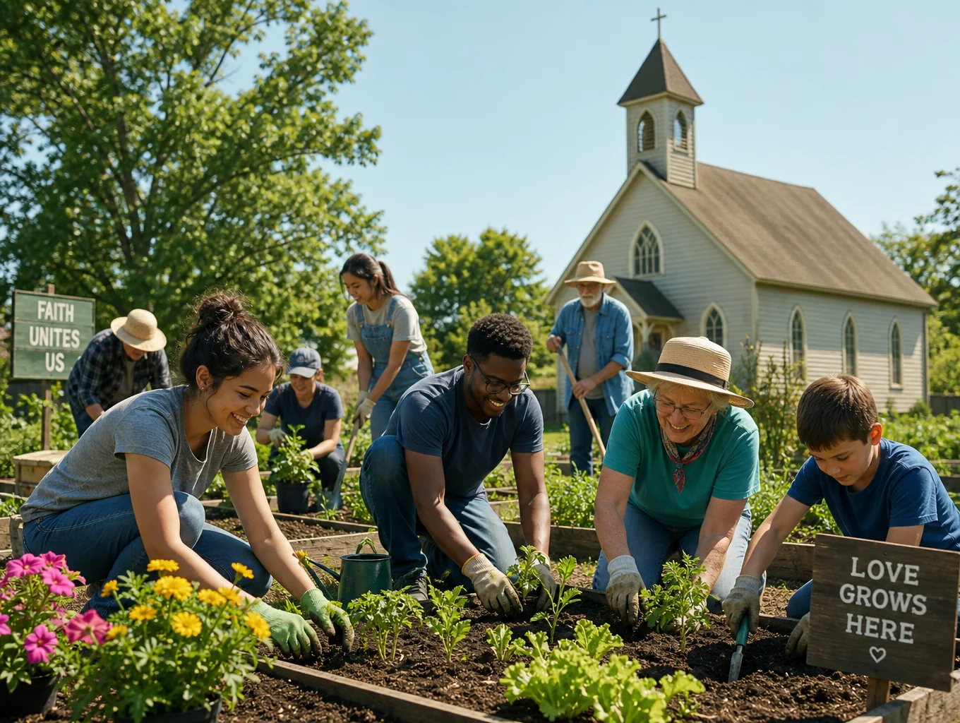 Volunteers gathering fresh greens at a church community garden site