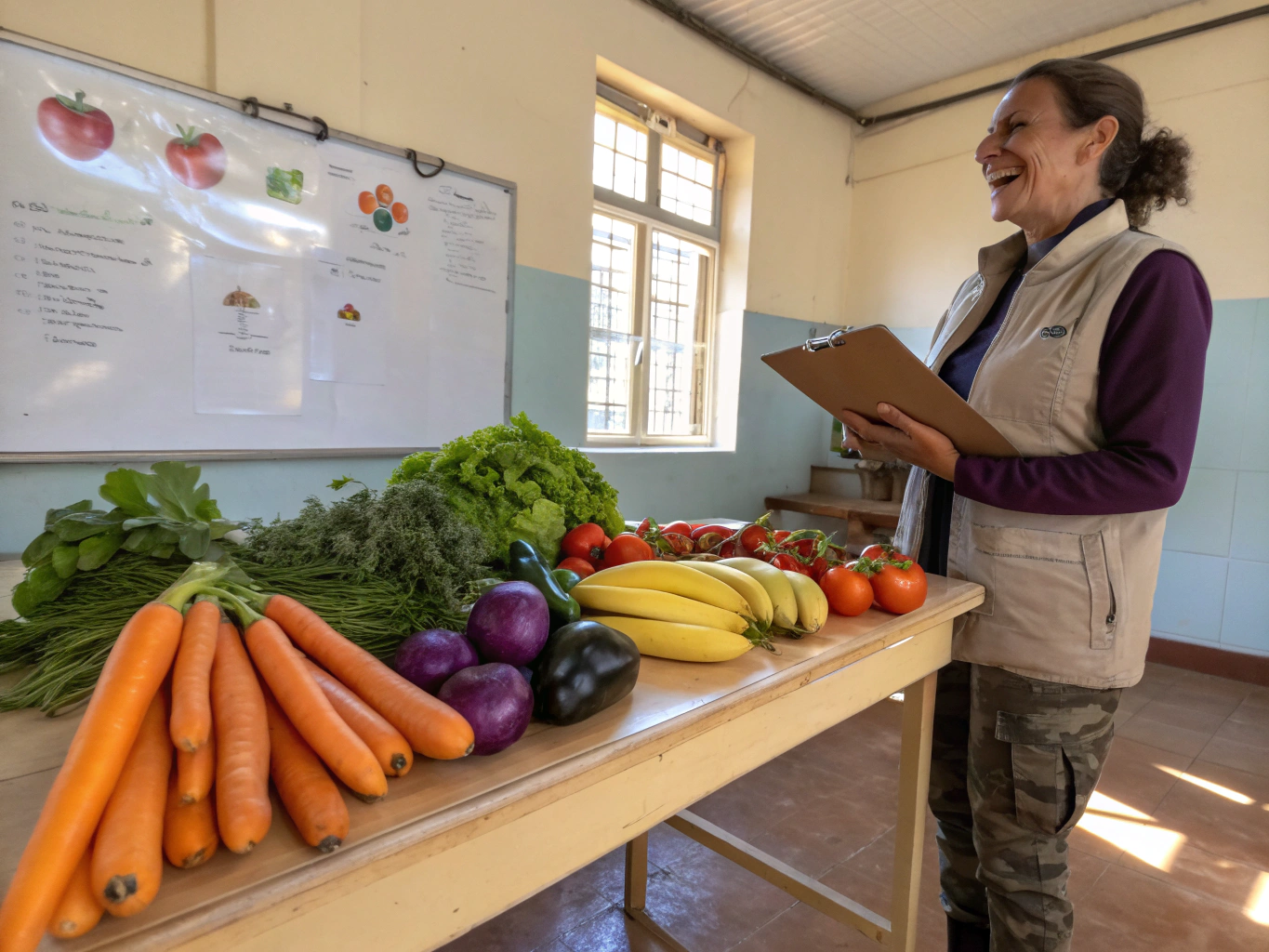 Community nutrition educator demonstrating fresh vegetable preparation to a classroom