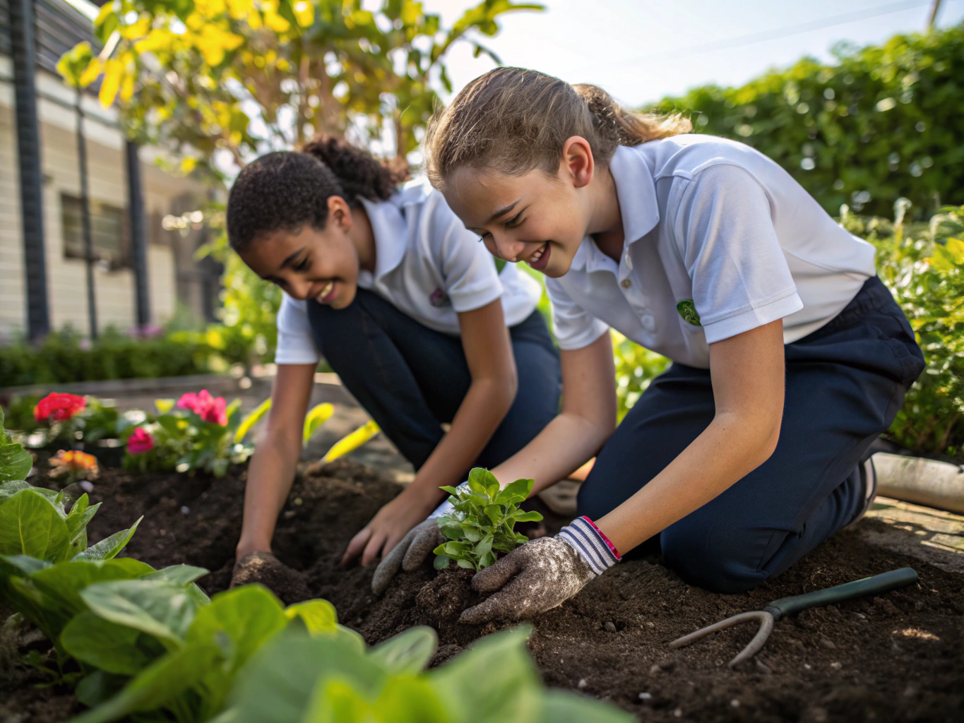 Students and teachers planting raised garden beds in an outdoor schoolyard