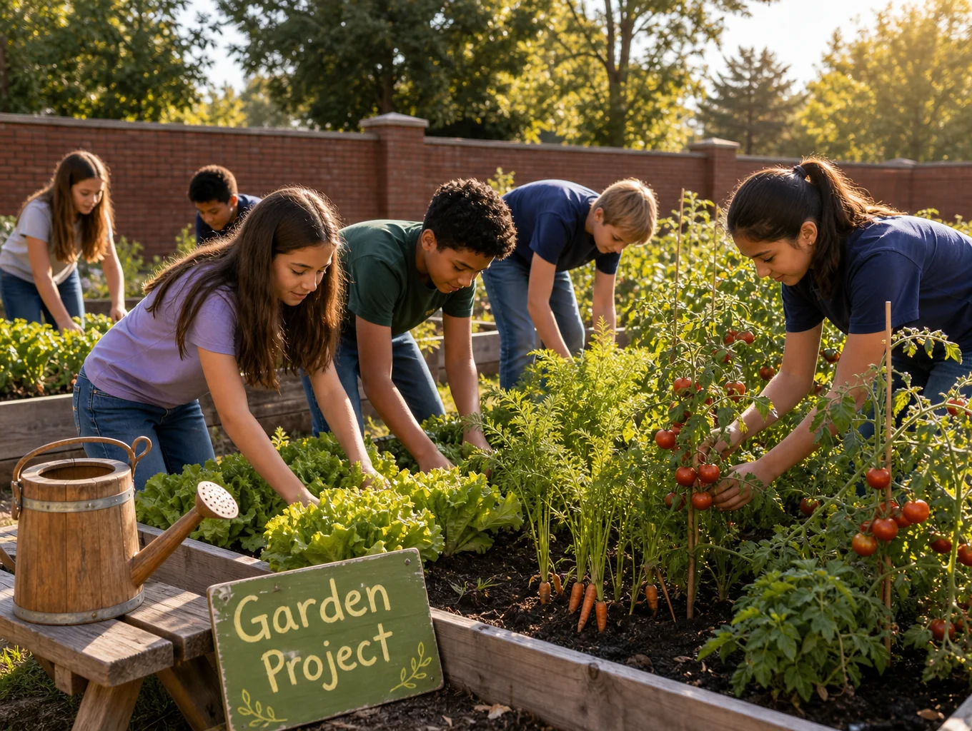 Students and volunteers actively harvesting fresh vegetables in a community raised-bed garden