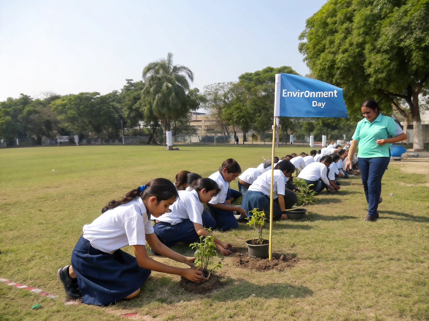 Elementary students and instructors planting seedlings in cedar raised beds